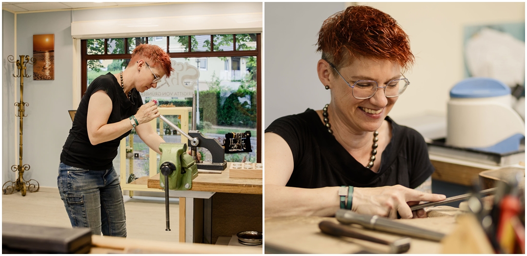 Goldschmiedemeisterin Brigitta von Grünberg bei der Arbeit Collage mit zwei Aufnahmen von Goldschmiedemeisterin Brigitta von Grünberg bei der Anfertigung von Schmuck in ihrer Werkstatt auf Usedom.
